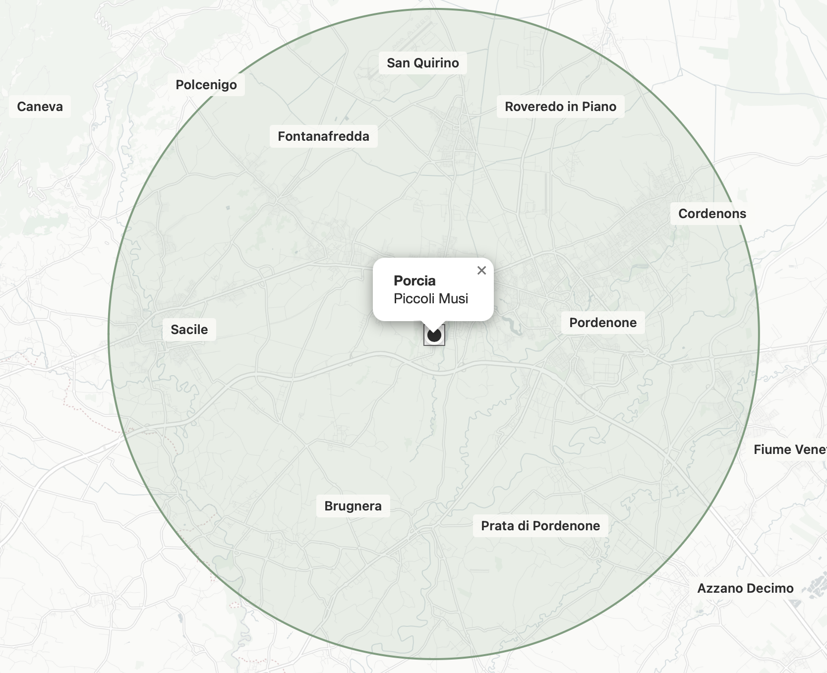 Mappa con Porcia al centro e un cerchio che indica il raggio di ~10 km